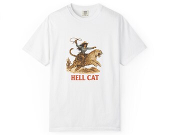 ヘルキャットシャツ、コンフォートカラーズTシャツ、レトロロデオシャツ、ウエスタンカウボーイ、姉妹へのギフト、斬新なユーモアプリント、コットンカジュアルウェア、グラフィックTシャツ