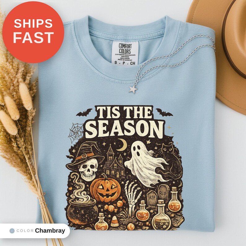 Vintage Halloween Comfort Colors Shirt, Tis the Season, Pumpkin Witch Graphic Tee, Women's Shirt, Skeleton Png, Novelty Humor Print image 4