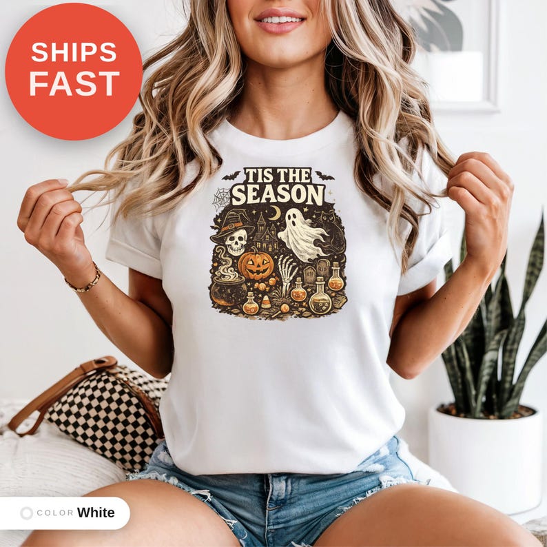 Vintage Halloween Comfort Colors Shirt, Tis the Season, Pumpkin Witch Graphic Tee, Women's Shirt, Skeleton Png, Novelty Humor Print image 9