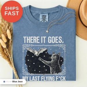 Skeleton Bat Cat Graphic Tee, Spooky Season Humor Print (Comfort Colors) image 2