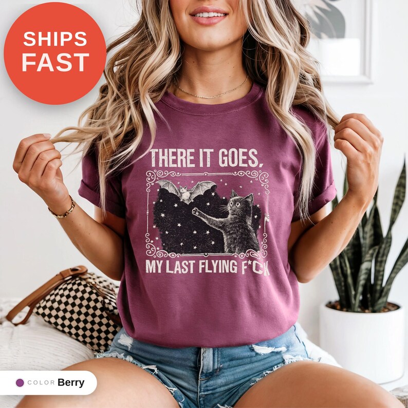 Skeleton Bat Cat Graphic Tee, Spooky Season Humor Print (Comfort Colors) image 6