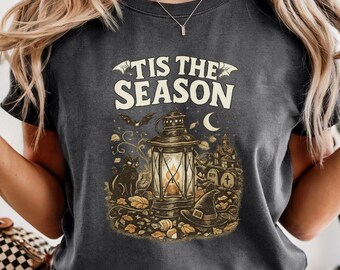 Vintage Halloween Comfort Colors Shirt, Tis the Season, Cat Dad Tshirt, Women's Shirt, Skeleton Png, Novelty Humor Print, Gift for Sister