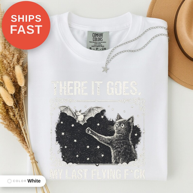 Skeleton Bat Cat Graphic Tee, Spooky Season Humor Print (Comfort Colors) image 4