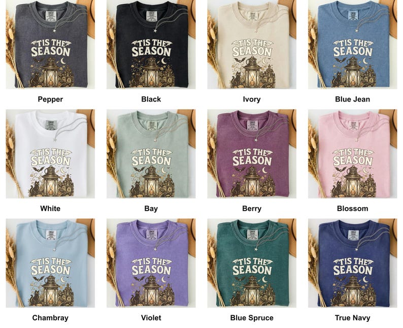 Grid of this shirt in each available color, each printed with "Haunted Harvest Lantern" across the chest (additional view).