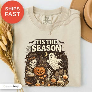 Vintage Halloween Comfort Colors Shirt, Tis the Season, Pumpkin Witch Graphic Tee, Women's Shirt, Skeleton Png, Novelty Humor Print image 2