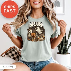 Vintage Halloween Comfort Colors Shirt, Tis the Season, Pumpkin Witch Graphic Tee, Women's Shirt, Skeleton Png, Novelty Humor Print image 7