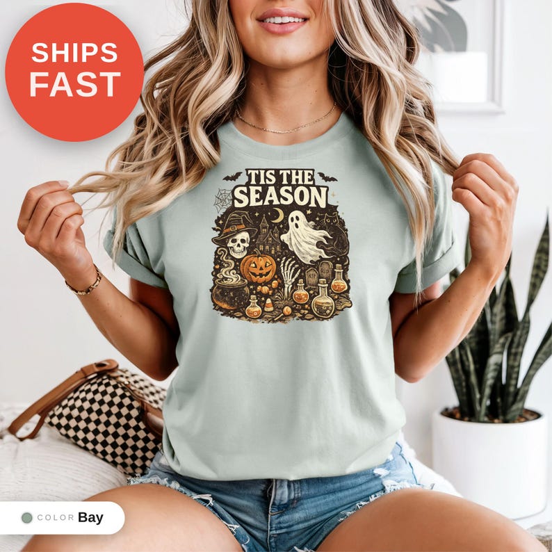 Vintage Halloween Comfort Colors Shirt, Tis the Season, Pumpkin Witch Graphic Tee, Women's Shirt, Skeleton Png, Novelty Humor Print image 7