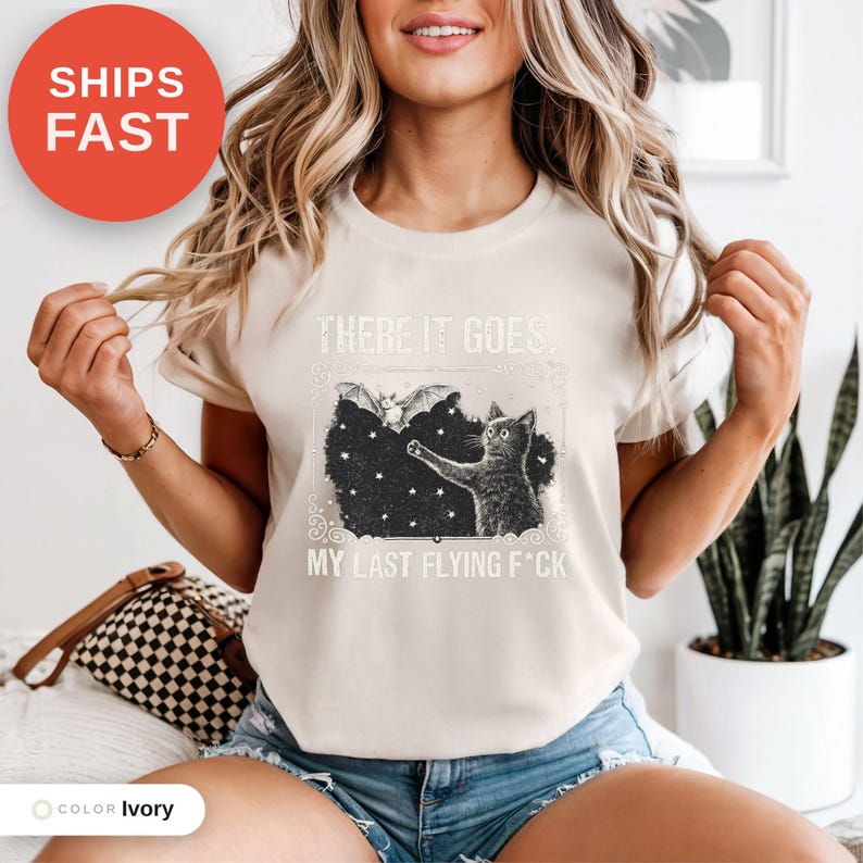 Skeleton Bat Cat Graphic Tee, Spooky Season Humor Print (Comfort Colors) image 9