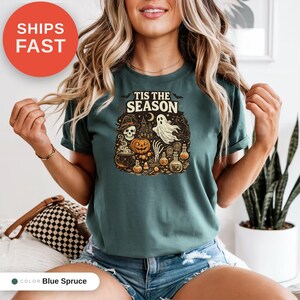 Vintage Halloween Comfort Colors Shirt, Tis the Season, Pumpkin Witch Graphic Tee, Women's Shirt, Skeleton Png, Novelty Humor Print image 8