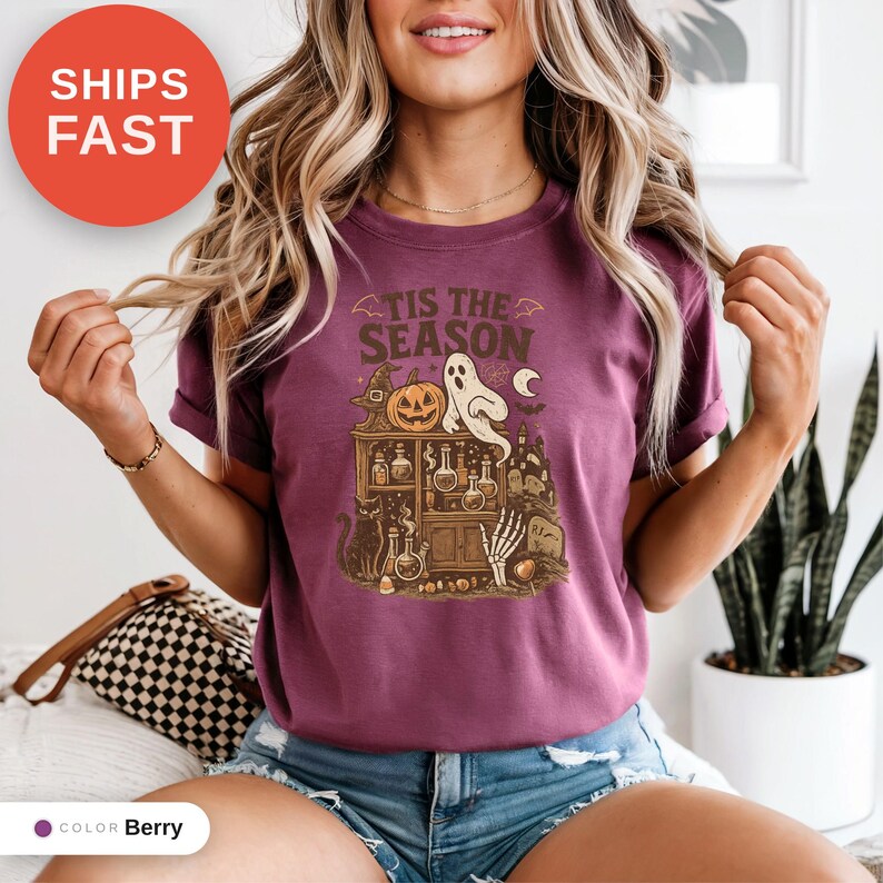 Vintage Halloween Comfort Colors Shirt, Tis the Season, Women's Shirt, Skeleton Png, Novelty Humor Print, Cotton Casual Wear, Gift for Women image 9
