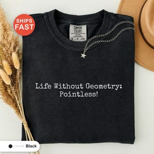 May include: Black t-shirt with the text "Life Without Geometry: Pointless!" in white. A silver necklace with a star pendant is draped across the shirt. The shirt has a Comfort Colors tag.