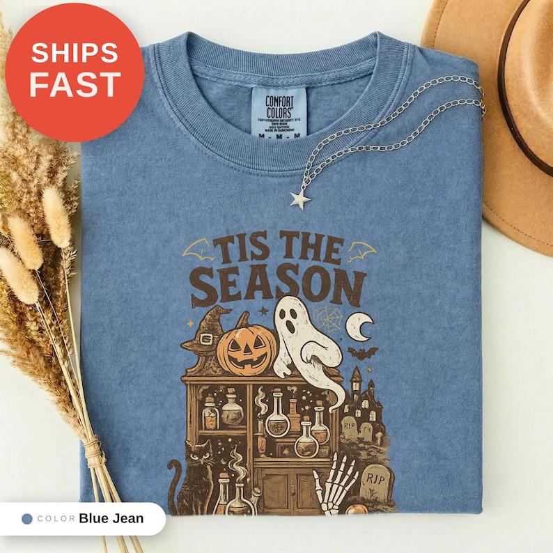 Vintage Halloween Comfort Colors Shirt, Tis the Season, Women's Shirt, Skeleton Png, Novelty Humor Print, Cotton Casual Wear, Gift for Women image 3