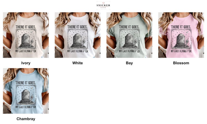 Grid of this t-shirt in each available color, each printed with "Last Flying F*ck in the Graveyard" across the chest.