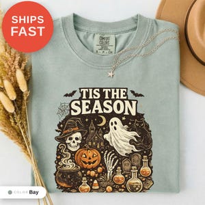 Vintage Halloween Comfort Colors Shirt, Tis the Season, Pumpkin Witch Graphic Tee, Women's Shirt, Skeleton Png, Novelty Humor Print image 5