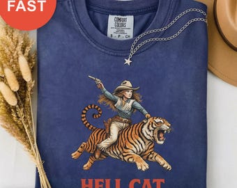 Bold Vintage Hell Cat Shirt, Aesthetic Tiger Tee, Retro Cowgirl Western Top, Funny Gift for her or him, Y2k Style, Wild West Fashion