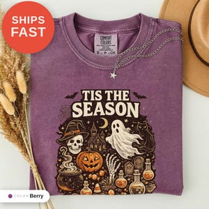 Vintage Halloween Comfort Colors Shirt, Tis the Season, Pumpkin Witch Graphic Tee, Women's Shirt, Skeleton Png, Novelty Humor Print image 1