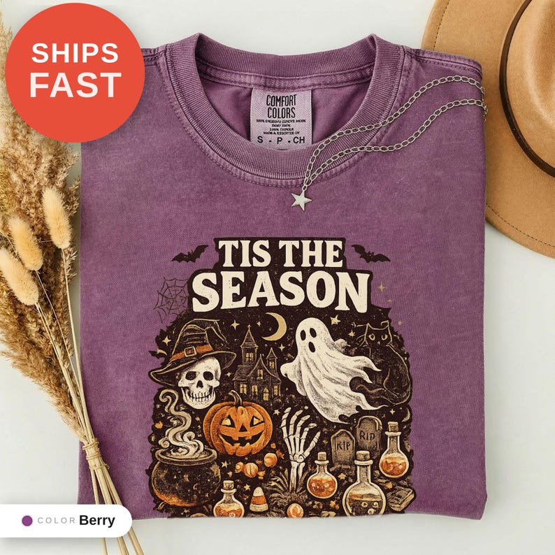 Vintage Halloween Comfort Colors Shirt, Tis the Season, Pumpkin Witch Graphic Tee, Women's Shirt, Skeleton Png, Novelty Humor Print image 1