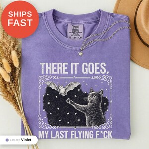 Skeleton Bat Cat Graphic Tee, Spooky Season Humor Print (Comfort Colors) image 3