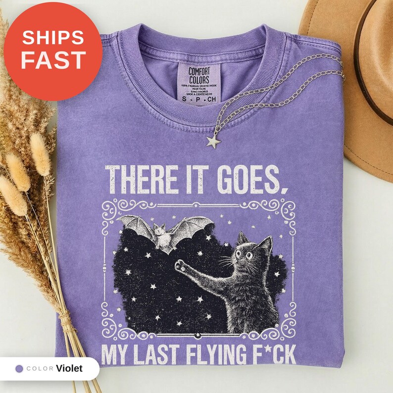Skeleton Bat Cat Graphic Tee, Spooky Season Humor Print (Comfort Colors) image 3