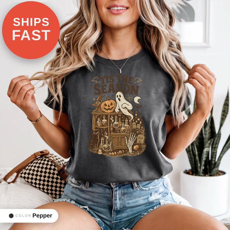 Vintage Halloween Comfort Colors Shirt, Tis the Season, Women's Shirt, Skeleton Png, Novelty Humor Print, Cotton Casual Wear, Gift for Women image 7