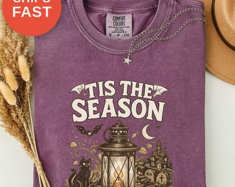 ヴィンテージ ハロウィン コンフォート カラーズ シャツ、季節到来、猫好きパパ Tシャツ、レディース シャツ、骸骨 PNG、斬新なユーモアプリント、姉妹へのギフト