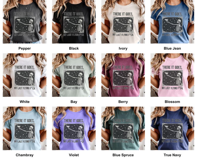 Grid of this t-shirt in each available color, each printed with "Last Nerve Bat-Free Skeleton" across the chest.