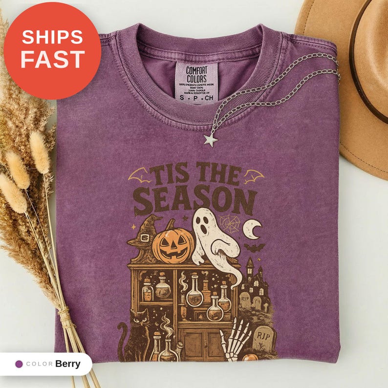 Vintage Halloween Comfort Colors Shirt, Tis the Season, Women's Shirt, Skeleton Png, Novelty Humor Print, Cotton Casual Wear, Gift for Women image 2