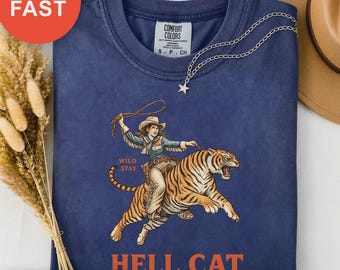 Bold Vintage Hell Cat Shirt, Retro Cowgirl Style, Funny Western Tee, Y2k Aesthetic Top, Wild West Shirt, Boho Style T-Shirt