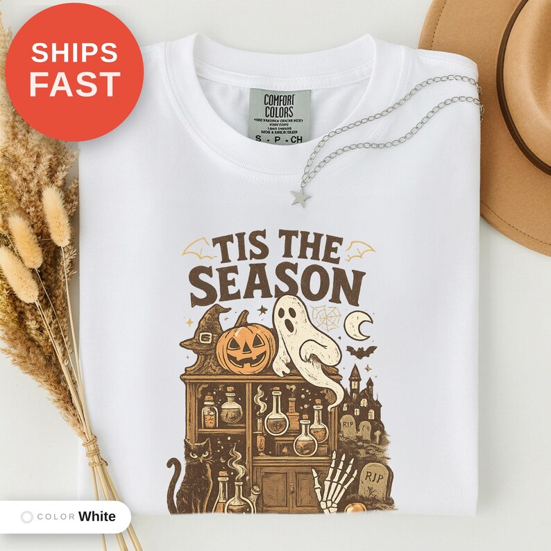 Vintage Halloween Comfort Colors Shirt, Tis the Season, Women's Shirt, Skeleton Png, Novelty Humor Print, Cotton Casual Wear, Gift for Women image 4