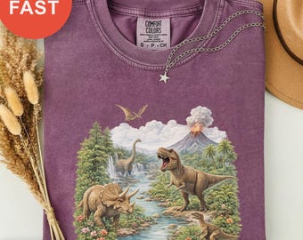 Dino Discovery Shirt, Jurassic Era Graphic Tee, Prehistoric Adventure Top, Nature Scene T-shirt, Dinosaur Landscape, Comfort Colors