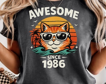 Camiseta retro Cool Cat de 1986, Awesome Since 1986, Comfort Colors Tee, 40 cumpleaños para mujer, estampado humorístico novedoso, ropa casual de algodón, camiseta gráfica