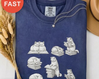 Whimsical Cat Readers Shirt, Book Lover Gift, Aesthetic Comfort Colors, Literary Animal Shirt, Cats in Literature, Vintage Reader Gift