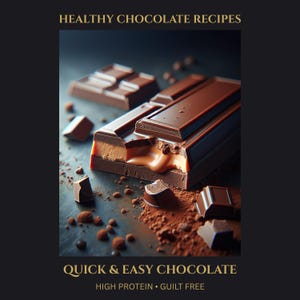 Op de afbeelding: Een close-up van een chocoladereep met een romige vulling, gedeeltelijk gebroken om de binnenkant te laten zien. Cacaopoeder en stukjes chocolade zijn verspreid. Tekst: "HEALTHY CHOCOLATE RECIPES" en "QUICK & EASY CHOCOLATE".