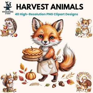 Harvest Animals PNG Bundle, 40 Autumn Animal Clipart PNGs, Fall Woodland Animals, Commercial Use, Cute Farm Animals