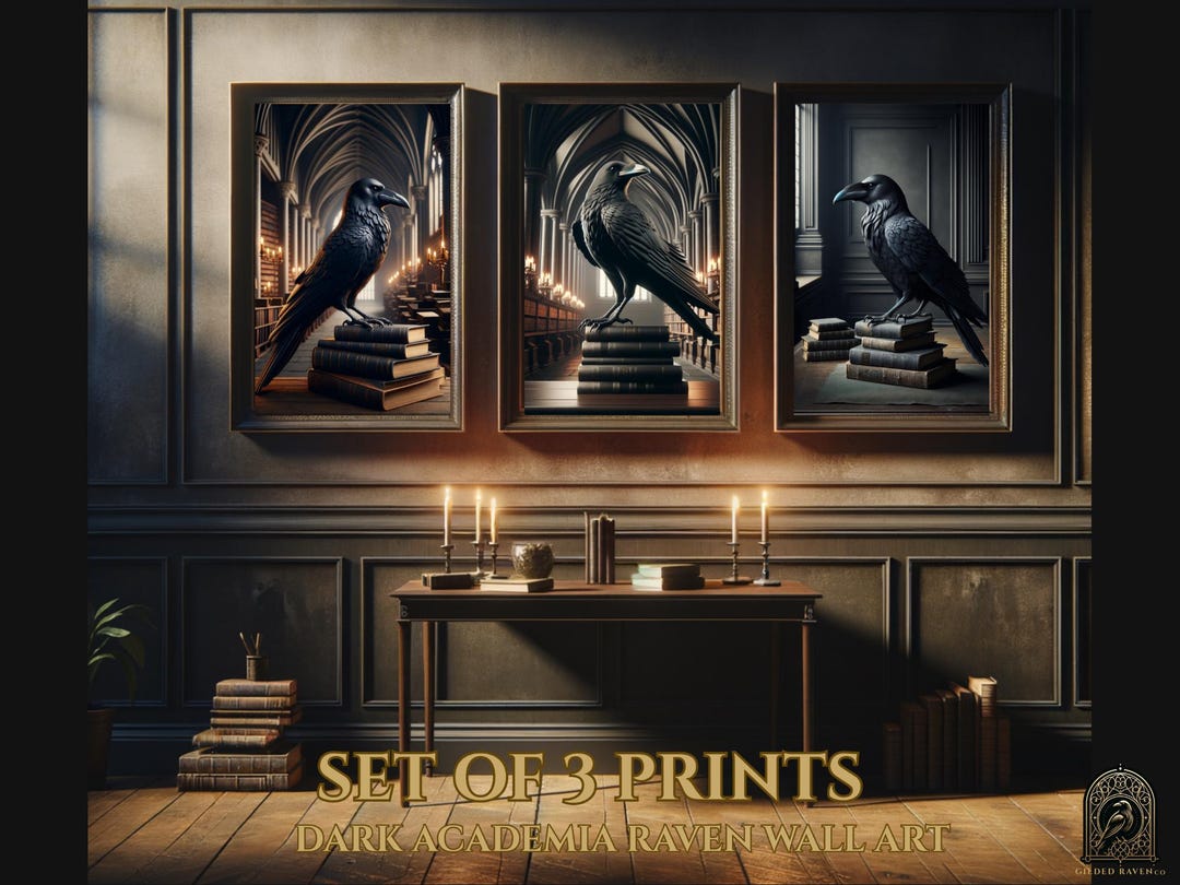 Dark Academia Raven Wall Art Set of 3| Gothic Cathedral Raven Prints ...