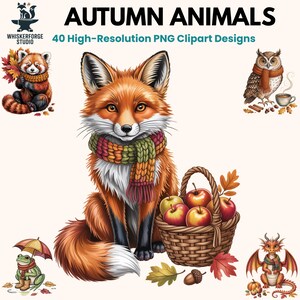 Cozy Autumn Animal Clipart Bundle: 40 Fall Woodland PNGs with Scarves and Seasonal Activities