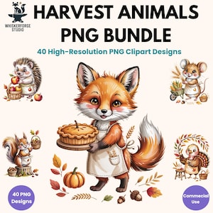 Harvest Animals PNG Bundle, 40 Autumn Animal Clipart PNGs, Fall Woodland Animals, Commercial Use, Cute Farm Animals