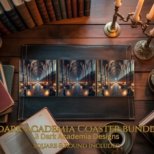 Dark Academia Coaster Bundle | Grand Gothic Library Hall | Gothic Aesthetic Coaster PNG Sublimation Design