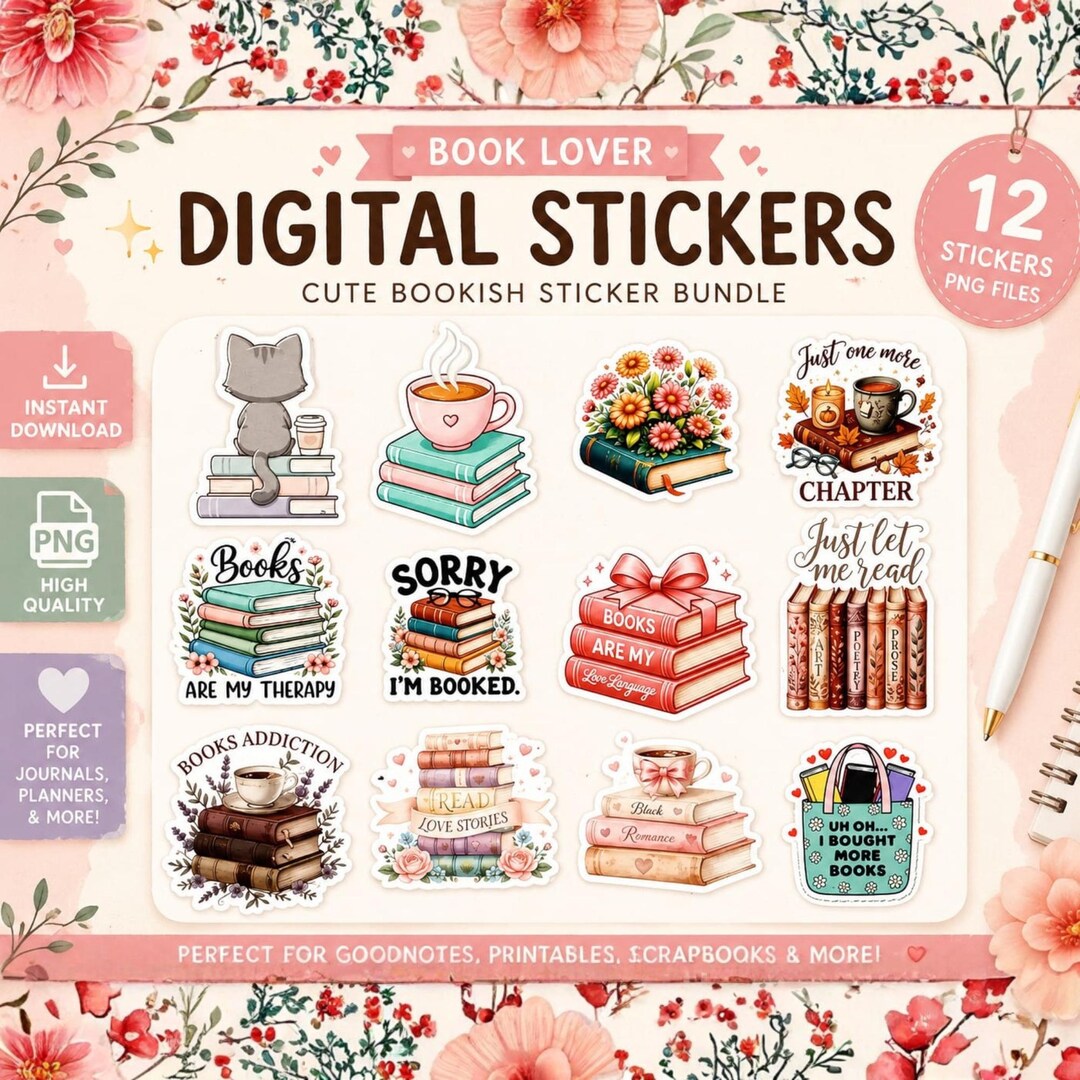 Book Lover Digital Stickers PNG Bundle, Reading Journal Planner ...