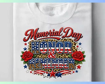 Memorial Day PNG, Honor Remember Shirt Design, Patriotic Leopard Floral (Digital Download)