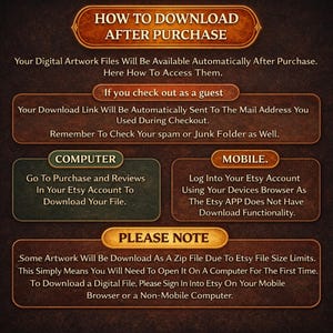 May include: A brown and gold graphic with instructions on how to download digital artwork after purchase. The text includes steps for guest users, computer users, and mobile users, with a note about zip files.