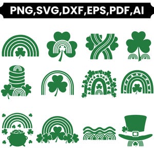 Könnte beinhalten: Eine Sammlung grüner Grafiken zum Thema St. Patrick's Day. Die Designs umfassen Regenbogen, Kleeblätter, einen Goldtopf und einen Leprechaun-Hut. Der Text "PNG, SVG, DXF, EPS, PDF, AI" ist ebenfalls enthalten.