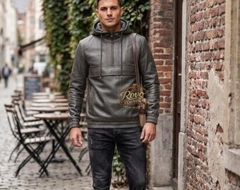 Men's Leather Hoodie – Slim Fit Street Style Pullover, Urban Wear Fall Jacket