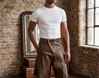 Men's Brown Lambskin Leather Asymmetrical Wrap Shorts, High Waist Designer Streetwear
