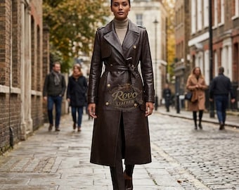 Brown Lambskin Leather Trench Coat, Belted Long Slim Fit Jacket, Classic Street Style Outerwear