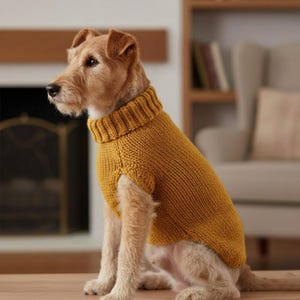 Puede incluir: Un perro con un suéter de cuello alto amarillo mostaza. El perro está sentado sobre una superficie de madera. El suéter es de punto con cuello acanalado. El fondo incluye una chimenea, una estantería y una silla.