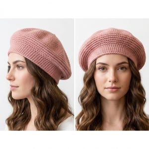 May include: A dusty rose-colored beret, displayed in two views. The beret is made of a knitted material with a ribbed brim and a rounded crown. The beret is shown on a person with long, wavy brown hair.