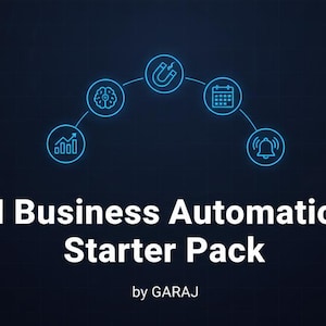 May include: Dark blue graphic with the text "AI Business Automation Starter Pack" and the tagline "by GARAJ." The image includes a circular icon with the text "5 Workflows Included" and a series of connected icons.