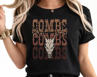Combs Bullhead Longhorn Skull Western T-Shirt, Rustic Country Ranch Graphic Tee