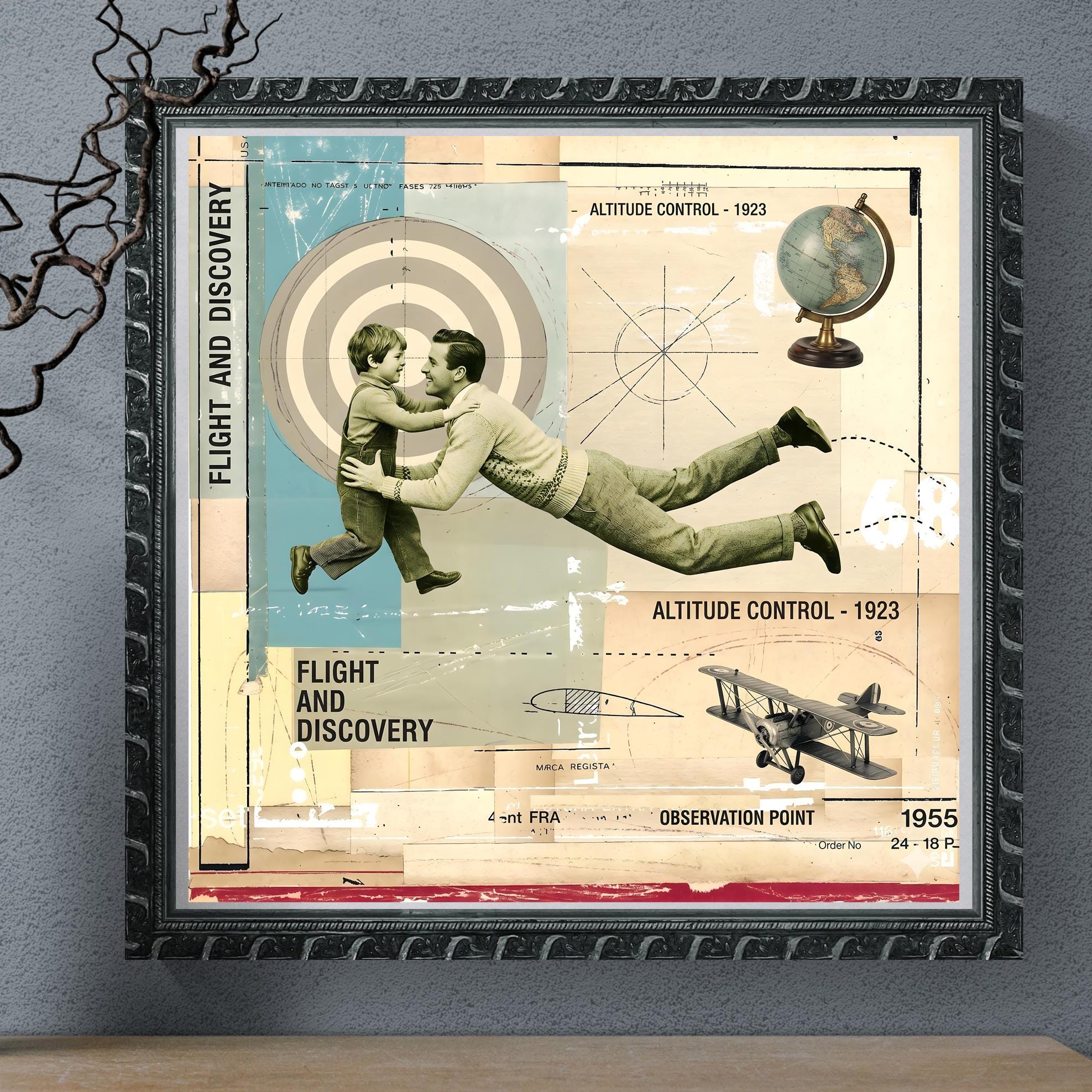 Vintage Aviation Collage Art Print, Father Son Flight Discovery Poster ...